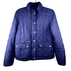 J. Crew Quilted‎ Barn Jacket Navy Blue Brass Snap Button Collar Size L